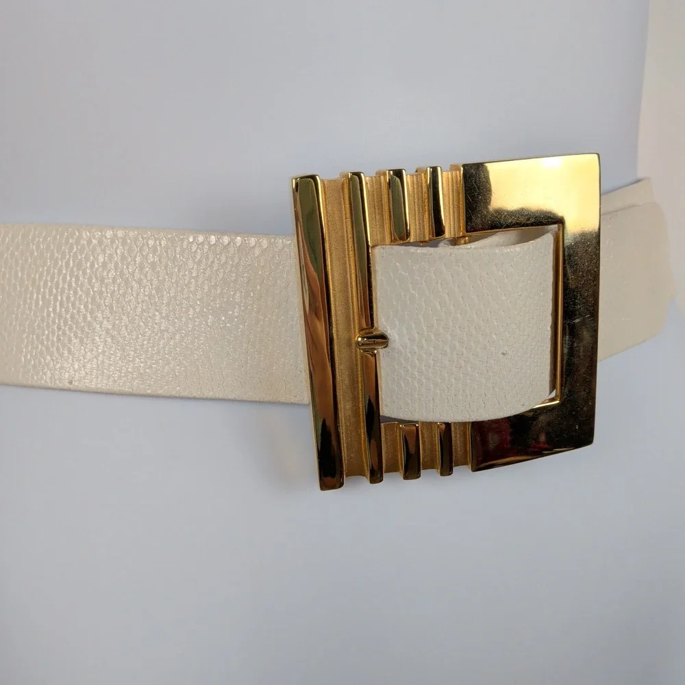 Vintage Alexis Kirk Cream Snakeskin Belt Gold Tone Architectural Buckle Wide 80s
